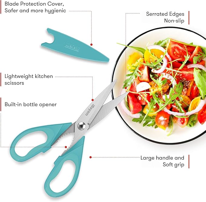 Small Kitchen Scissors 8-inch, iBayam 2 Pack Kitchen Shears All Purpose Meat Scissors Poultry Shears, Dishwasher Safe Food Cooking Scissors Heavy Duty Stainless Steel Utility (Black, Aqua Sky)