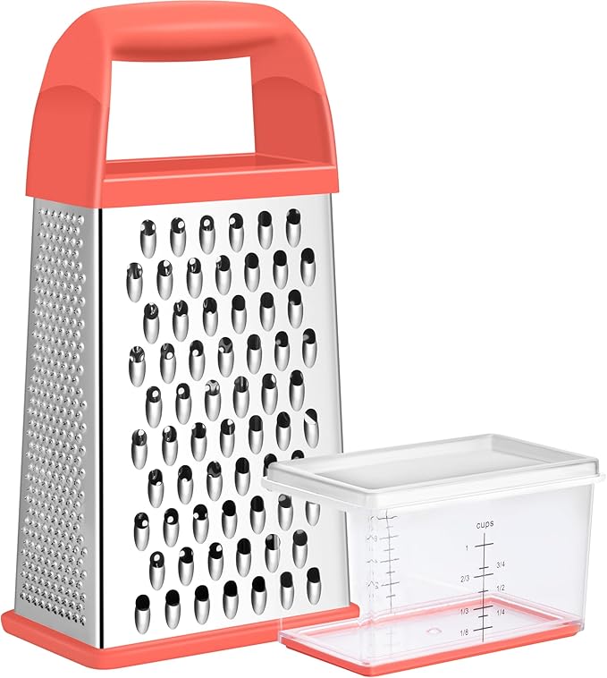 Urbanstrive Cheese Grater With Container, Professional Cheese Grater with Handle, Stainless Steel Graters for Kitchen Handheld, Box Grater with 4 Sides for Vegetables, Ginger, Potatoes (Coral)