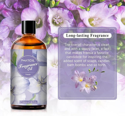 PHATOIL 3.38FL.OZ Freesia Fragrance Oils for Aromatherapy, Essential Oils for Diffusers for Home, Perfect for Diffuser, DIY Candle and Soap Making, DIY Scented Products - 100ml