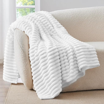 BEDELITE Fleece Throw Blanket for Couch - 300GSM Soft & Warm Fluffy White Blanket, Decorative and Giftable Striped Blankets for Women, Men, 50"x60"