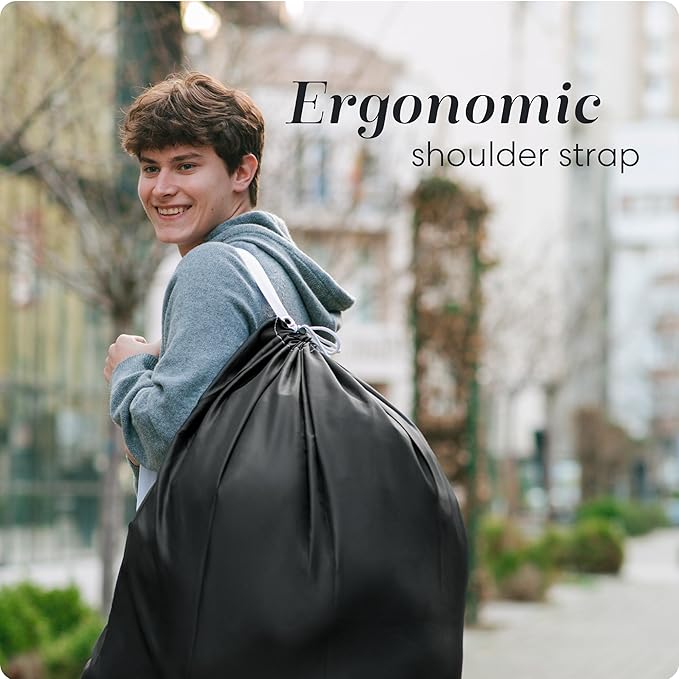 Laundry Bag Shoulder Strap Extra Large - 2-Pack Drawstring Locking Closure, Durable Material, Heavy Duty Stitching, Hands Free Carrying - Perfect College Dorm (Black, 30" x 40")