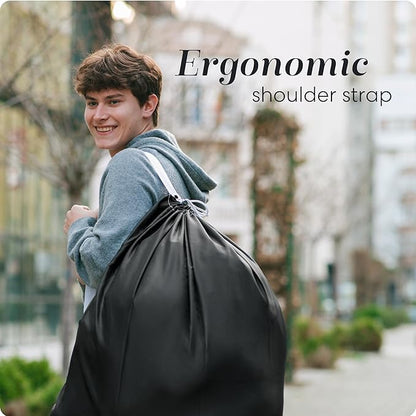 Laundry Bag Shoulder Strap Extra Large - 2-Pack Drawstring Locking Closure, Durable Material, Heavy Duty Stitching, Hands Free Carrying - Perfect College Dorm (Black, 30" x 40")
