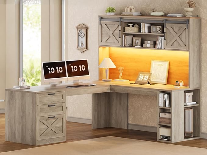 SEDETA 67" Farmhouse L Shaped Desk with Hutch, Home Office Desks with Drawers & Sliding Doors, Corner Computer Desk with Storage Shelves & Power Outlets, Executive Desk with LED Lights, Grey