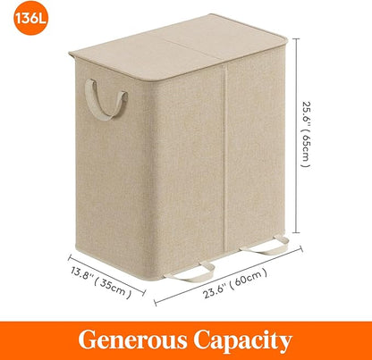 Lifewit Double Laundry Hamper with Lid and Removable Laundry Bags, Large Collapsible 2 Dividers Dirty Clothes Basket with Handles for Bedroom, Laundry Room, Closet, Bathroom, College, 136L Beige