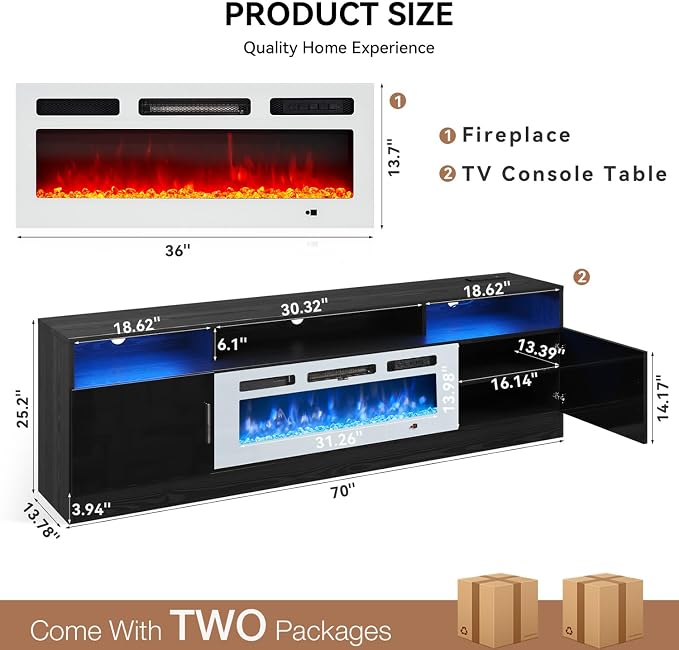 MXV 70" Fireplace TV Stand with Power Outlet for TVs UP to 80", Electric Fireplace Entertainment Center with LED Lights & Storage Cabinets, TV Console for Living Room, Office, Black-White