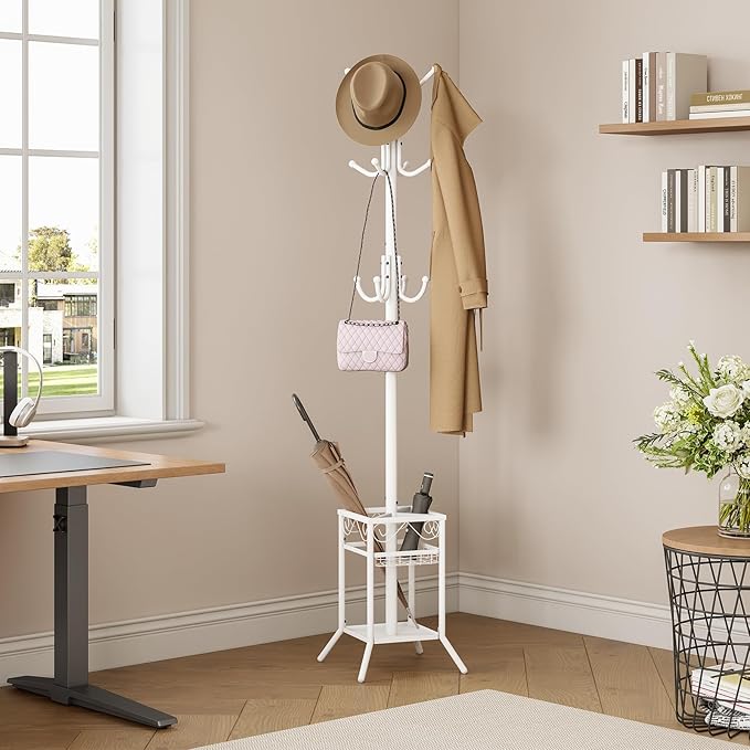 ELYKEN Coat Rack Freestanding with Umbrella Holder, Coat Tree with 12 Hooks, Coat Hanger Stand for Entryway, Metal Coat Rack Hat Rack Stand for Living Room Bedroom Office, White