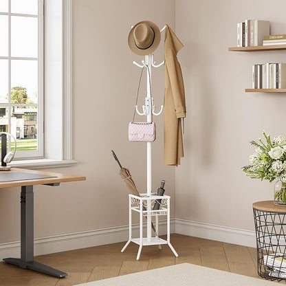 ELYKEN Coat Rack Freestanding with Umbrella Holder, Coat Tree with 12 Hooks, Coat Hanger Stand for Entryway, Metal Coat Rack Hat Rack Stand for Living Room Bedroom Office, White