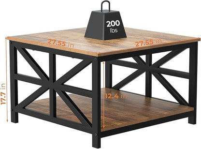 GreenForest Modern Living Room Coffee Table with 2 Tier Storage, Small Square Wood and Metal Farmhouse Center Table with Seamless One-Piece Tabletop, 27.55 Inch, Walnut