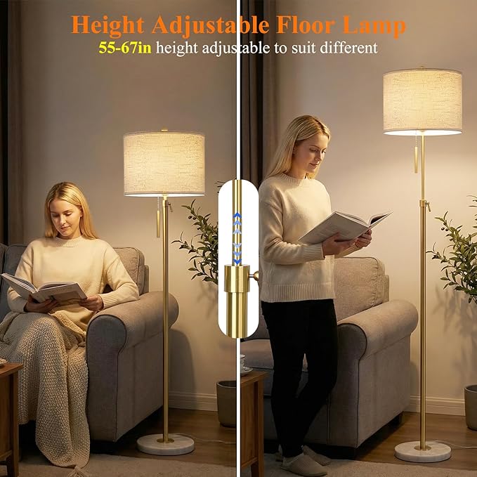 【Upgrade】Gold Floor Lamps for Living Room, 55"-67" Height Adjustable Modern Standing Lamp with Marble Base, Pull Chain Switch, 3-Way Dimmable Tall Pole Lamp for Bedroom Office Reading, Bulb Included