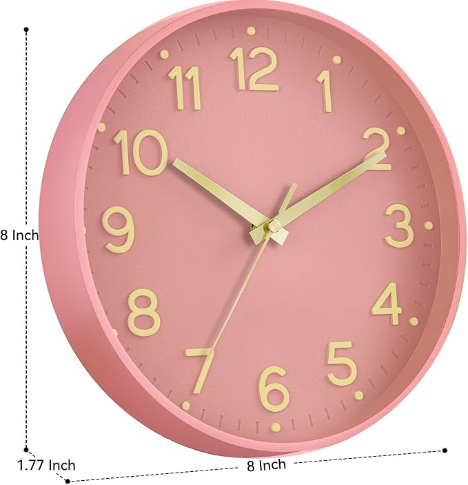 Roymnie Silent Wall Clocks Battery Operated 8 Inch-Modern Non Ticking Analog Clock Decorative for Kitchen Office Bathroom Bedroom(Pink Gold)