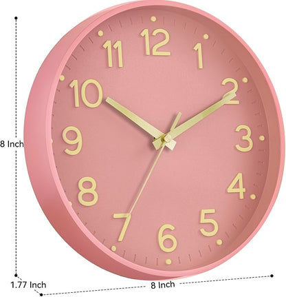 Roymnie Silent Wall Clocks Battery Operated 8 Inch-Modern Non Ticking Analog Clock Decorative for Kitchen Office Bathroom Bedroom(Pink Gold)