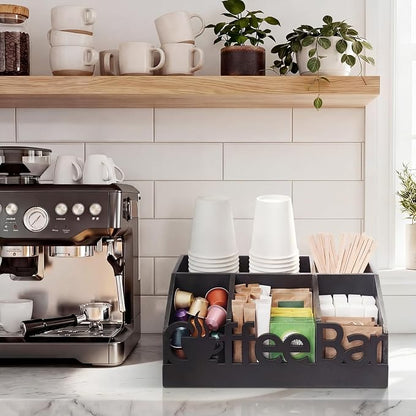 Coffee Station Organizer for Counter Wood Countertop Accessories Organizer Coffee Pods Holder Storage Basket for Pods Condiment Syrup Tea Cups Stirrers for Rustic Bar Decoration (Black)