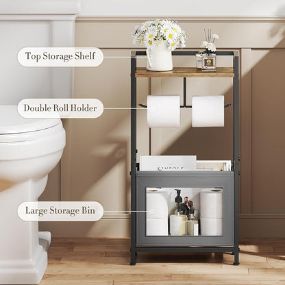 Toilet Paper Holder Free Standing with Storage Basket, Bathroom Tissue Holder Stand with Top Wood Shelf for Phones, Wet Wipes, Small Plants, Metal Toilet Paper Rack for Bathroom Organizer, Black