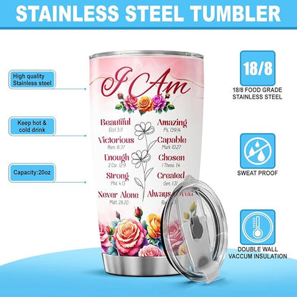 Christian Affirmation Gift for Women, I Am Scripture Tumbler with Bible Verses, Inspirational Floral 20oz Stainless Steel Insulated Cup, Religious Faith Present for Mom, Sister, Friend