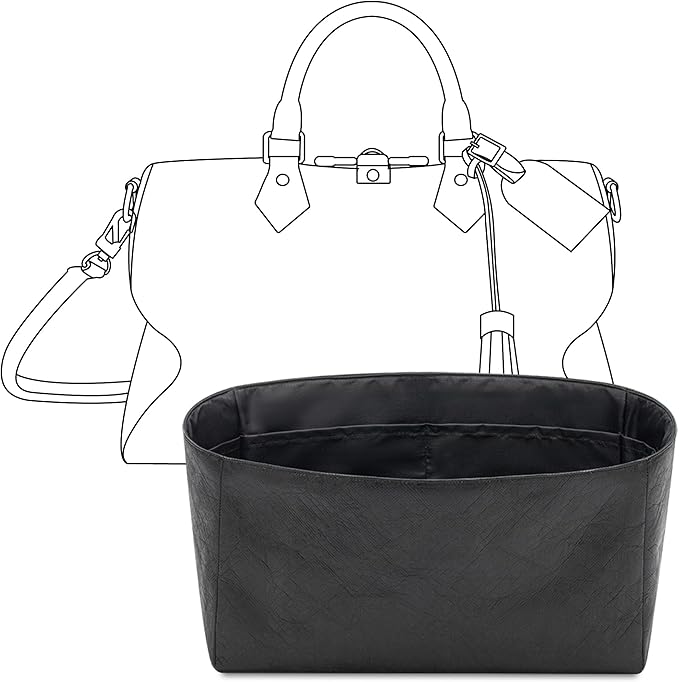 Purse Organizer Insert for LV Soft Speedy Dark Handbag, Custom Fit Inside Premium Matte Black Lightweight WaterResistant Tote Bag Insert with Cup Holder Accessories