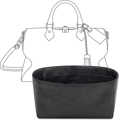 Purse Organizer Insert for LV Soft Speedy Dark Handbag, Custom Fit Inside Premium Matte Black Lightweight WaterResistant Tote Bag Insert with Cup Holder Accessories