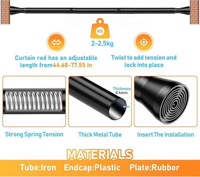 MEXAU 2 Pack Black Shower Curtain Rod 45 To 77 Inch Tension Shower Rod For Bathroom 7/8" Adjustable Spring Curtain Rod No Drilling Black Spring Rod Tension Curtain Rods for Windows Doorway Closet