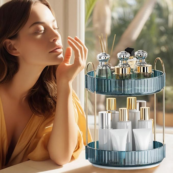INVSSENE 360° Rotating Makeup Organizer, Bathroom Organizers and Storage Holder Rack, Large Capacity Vanity Shelf Countertop, Fits Cosmetics, Perfume, Skin Care(Blue, 2 Tiers)
