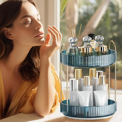 INVSSENE 360° Rotating Makeup Organizer, Bathroom Organizers and Storage Holder Rack, Large Capacity Vanity Shelf Countertop, Fits Cosmetics, Perfume, Skin Care(Blue, 2 Tiers)