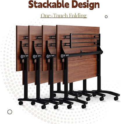 6Packs Folding Conference Table with Silent Wheels,Mobile Flip Top Meeting Room Table for Office Training and Classroom,Foldable Modular Rolling Desk for Home Office,Walnut Space-Saving Rectangular