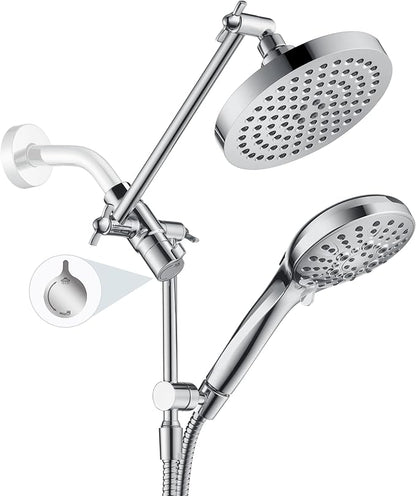 BRIGHT SHOWERS Rain Shower Head with Handheld Spray Built-in Power Wash, High Pressure Dual Shower Head with Height Adjustable Extension Arm, 3-Way Diverter, 9 Settings Handheld, 69” Long Hose, Chrome