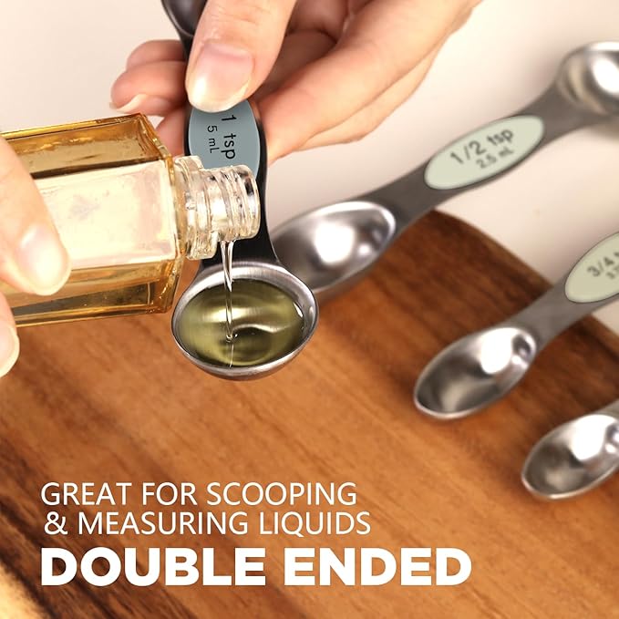 ChefAide Pack of 8 Stainless Steel Magnetic Measuring Spoons Set, Dual Sided, Stackable, Adjustable Teaspoon and Tablespoon Measure Spoon with Leveler, Kitchen Gadgets