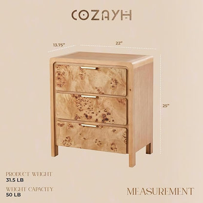 COZAYH Burl Finish 3 Drawer Nightstand, Wood Rustic Farmhouse Dresser, Vintage Accent Storage Bedside Table for Bedroom Entryway, Fully Assembled, Natural