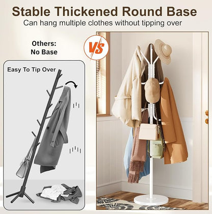 MISSLO Heavy Duty Coat Rack Freestanding with Stable Wood Base Modern White Coat Tree with 12 Hooks Adjustable Coats Hanger Stand Stylish Standing Clothes Tree for Entryway Bedroom Corner Hall