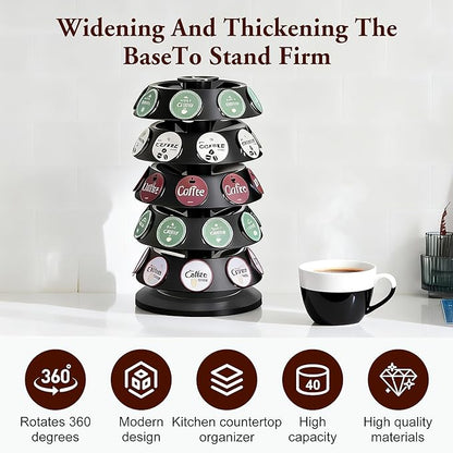 CEHNCEH K Cup Holder: Coffee Pod Carousel Organizer, Compatible with 40 Keurig K-Cup Pods, Spins 360-Degrees - Lazy Susan Platform, Home or Office Kitchen Counter Organize (New Model Black)