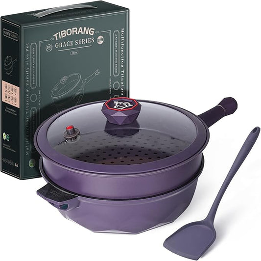 TIBORANG 8 in 1 Multipurpose 11 Inch 5 Qt Frying Pans Nonstick with Lid,Steamed Grid,PFOA-Free,Dishwasher&Oven Safe,Works with All Stovetops (Purple)