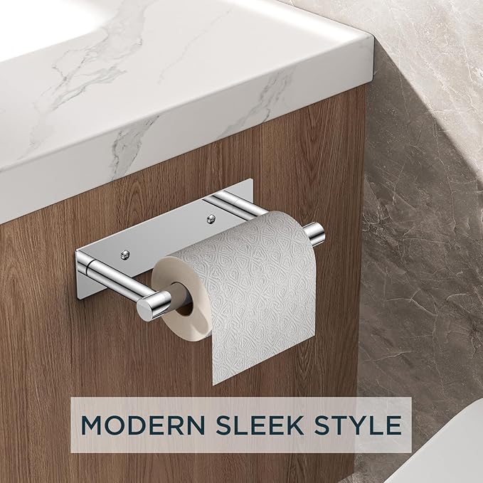 FORIOUS Toilet Paper Holder, Adhesive or Wall Mounted Options, Stainless Steel Rustproof Stick on no Drilling Double Post Pivoting Toilet Tissue Roll Holder Wall Mount for Bathroom, Polished Chrome