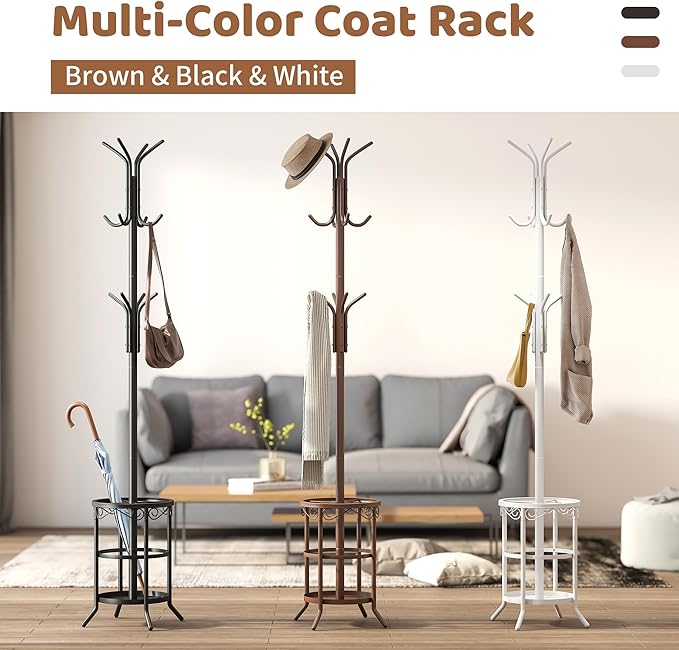 FILWH Coat Rack Freestanding with Umbrella Stand Coat Rack Stand with 12 Hooks Metal Coat Tree Coat and Hat Hanger Jacket Entryway(Black)