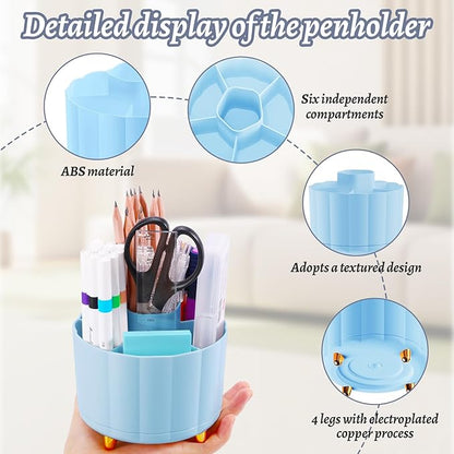 360 Degree Rotating Pen Holder for Desk, 6 Slots Desktop Organizer Caddy for Pens, Pencils, Markers, Multi-Functional Pencil Cup & Office Supplies Holder, Blue