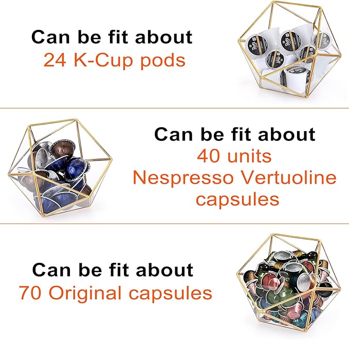 ELLDOO Gold Glass Coffee Pods Holder, 15 Sided Geometric Box Coffee Pod Organizer for K Cup Espresso, Tea Bags Sugar Packets Coffee Capsule Storage Holder for Kitchen Coffee Bar Office Desktop Counter