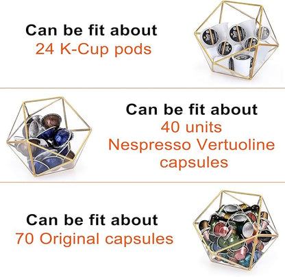 ELLDOO Gold Glass Coffee Pods Holder, 15 Sided Geometric Box Coffee Pod Organizer for K Cup Espresso, Tea Bags Sugar Packets Coffee Capsule Storage Holder for Kitchen Coffee Bar Office Desktop Counter