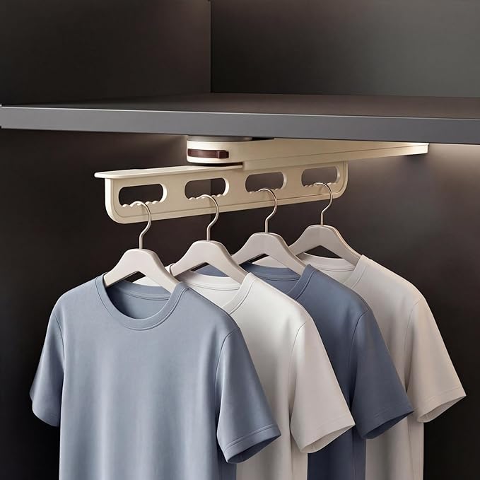 Pull Out Closet Rod, Suction Cup Valet Rod for Closet, No Drilling Extendable Closet Hanger Organizer, Sliding Wardrobe Clothing Rail, 14 Inch, Beige
