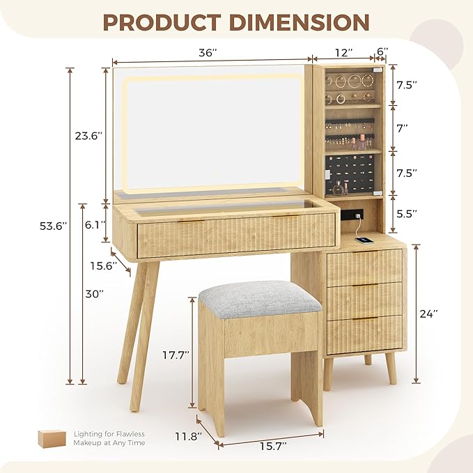 Garvee Vanity Desk with Lighted Mirror, Makeup Vanity with Charging Station, Glass Top Dressing Table with Cushioned Storage Stool for Bedroom, Natual Wood