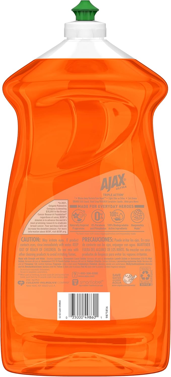 Ajax Ultra Liquid Dish Soap Orange Scent,Triple Action, Mess-Free, Easy-Flip Cap, 52 fl oz Bottle (Pack of 4)