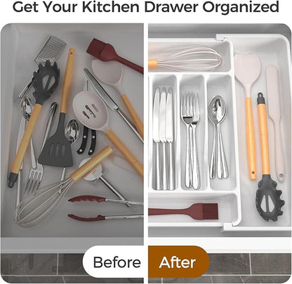 ukeetap Extra Large Expandable Silverware Organizer, BPA-Free Food-Safe Cutlery Flatware Organizer, Kitchen Utensil Drawer Organizer, Adjustable Silverware Holder for Spoons Forks Knives, White