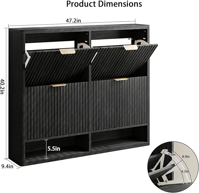 Shoe Storage Cabinet for Entryway with 4 Flip Drawers, 47.2" Large Modern Freestanding Shoe Organizer with Fluted Doors & Hidden Shoe Rack - Slim Enclosed Shoe Rack for Hallway (Black)