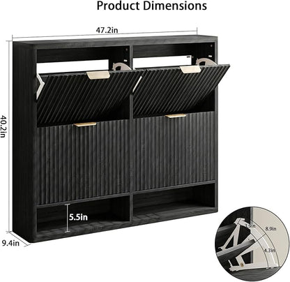 Shoe Storage Cabinet for Entryway with 4 Flip Drawers, 47.2" Large Modern Freestanding Shoe Organizer with Fluted Doors & Hidden Shoe Rack - Slim Enclosed Shoe Rack for Hallway (Black)