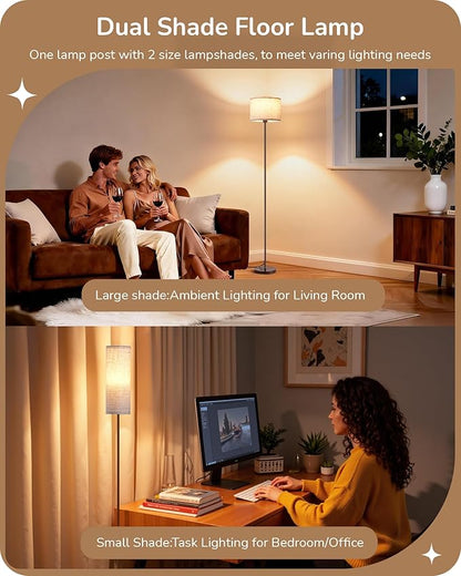 EDISHINE Minimalist Floor Lamp with 2 Shades, Adjustable Brightness & Color Temperature, Remote Control, Dimmable Modern Standing Lamp for Living Room, Bedroom, E26, A19 Bulb Included, Brown
