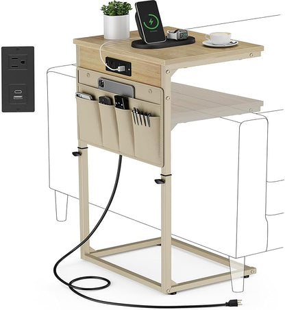 Vagusicc C Shaped End Table with Charging Station, 33" Tall Side Table for Couch, Sofa Table Adjustable Height Small Couch Side C Table, Slide Under Sofa Tray Table for Living Room, Bedroom, Natural