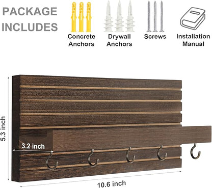 Decorative Key Holder for Wall with Shelf, Entryway Shelf with Hooks Holds Leashes, Jackets and Glasses – Sturdy Wood Keyholder Entrance Hanger with Mounting Hardware (Brown, Medium)