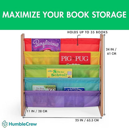 Humble Crew 4-Tier Kids Bookshelf, Natural Wood/Rainbow - Premium Book Shelf for Kids Rooms with Four Deep Pockets - Toddler Sling Book Rack with Deep Sleeves, Nursery Bookcase Organizer