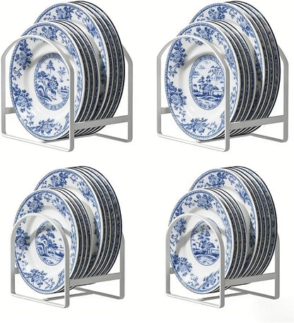 4 Pack Kitchen Plate Holder Organizer for Cabinet Space Saver Dinner Dish Storage Rack Upright Dish Drying Racks Metal Plate Dish Racks Stand for Cupboard and Countertop 2 Large 2 Small White