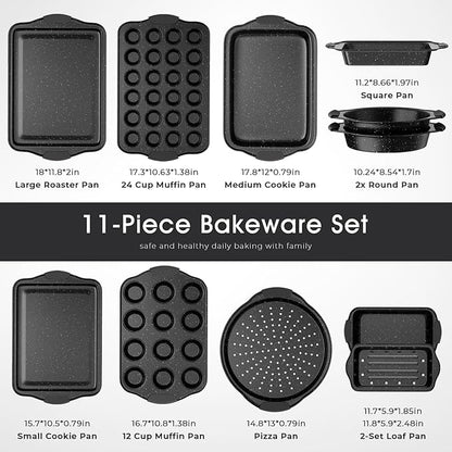 11-Piece Nonstick Baking Pan Set, Stackable Bakeware Sets, Oven Pans for Baking with Silicone Handles, Includes Cookie Sheet, Cake Pans, Loaf Pan, Pizza Pan, Muffin Pan, Black