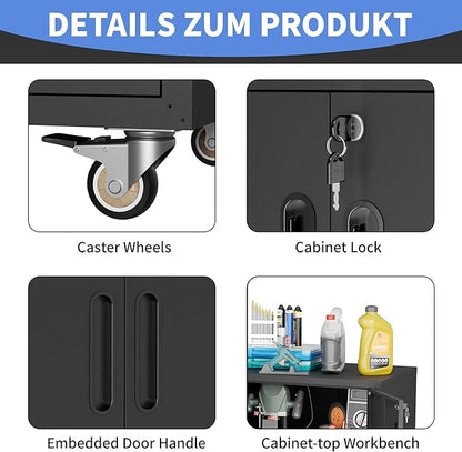 Metal Storage Cabinet with Wheels, Mobile Garage Storage Cabinet with 2 Lockable Doors and 1 Drawer, Rolling Tool Cabinet, Assembly Required, Black