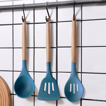 IOCBYHZ Silicone Kitchen Cooking Utensils Set 5Pcs Non-Stick Silicone Kitchen Utensils Set Spatula Spoon Turner Ladle with Wooden Handle, Heat Resistant Cooking Gadgets for Nonstick Cookware BPA-FREE