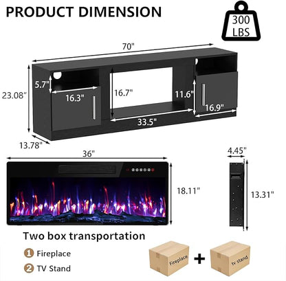 PRETZI Fireplace TV Stand with 36" Fireplace Up to 80" TVs, 70" Entertainment Center with LED Lights, Remote Control, TV Media Console with Storage Cabinets for Living Room, Black